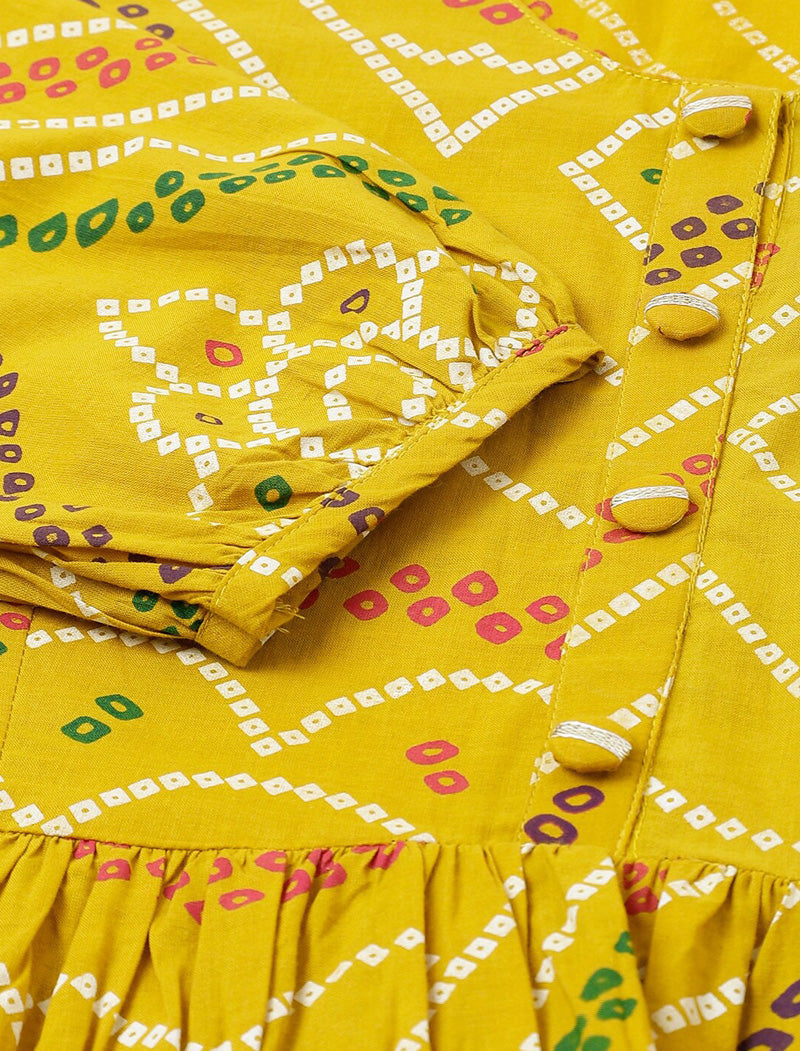 Yellow Women Ethnic Motifs Printed Longline Three-quarter, Puff SleeveTop