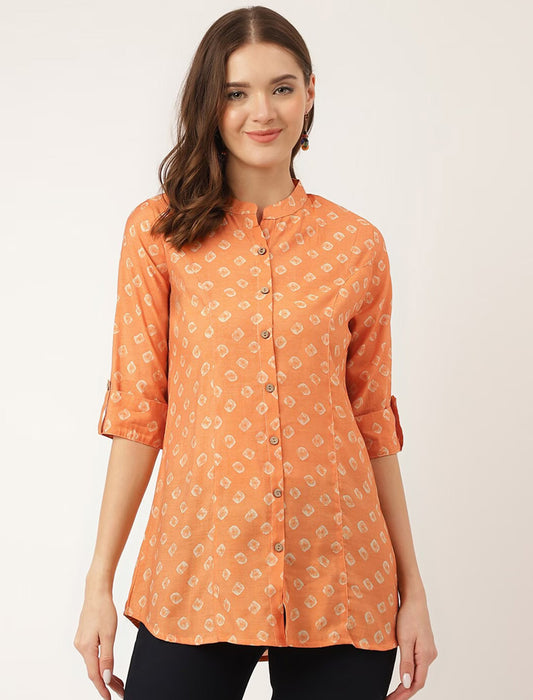 Mustard yellow Women Floral Ethnic Motifs Printed Mandarin Collar Top