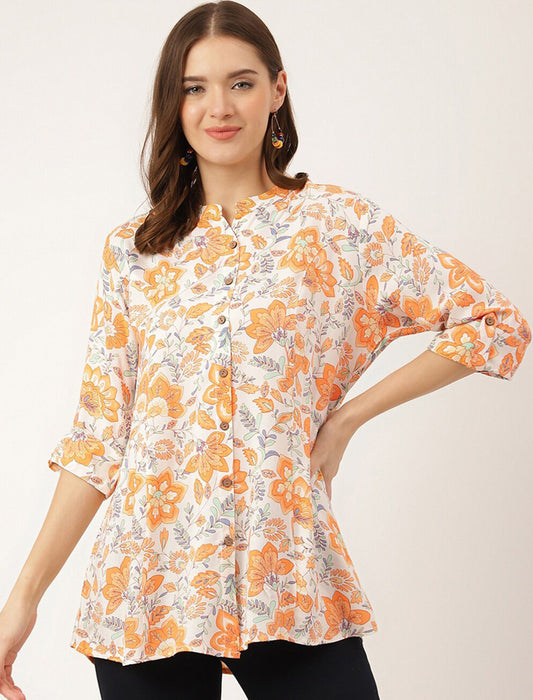 Orange Women Floral Printed Mandarin Collar Three-quarter Regular Sleeves Top