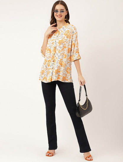 Orange Women Floral Printed Mandarin Collar Three-quarter Regular Sleeves Top