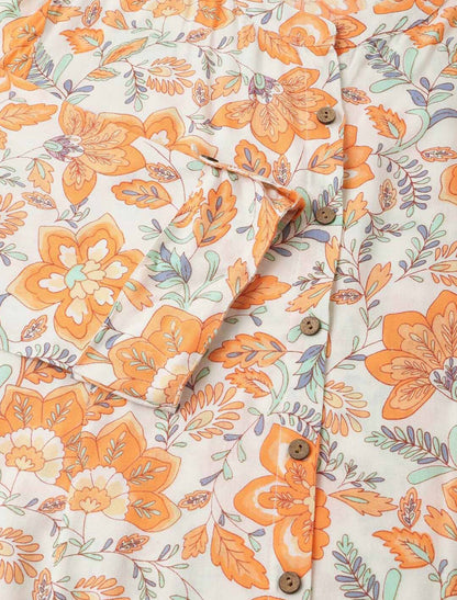 Orange Women Floral Printed Mandarin Collar Three-quarter Regular Sleeves Top