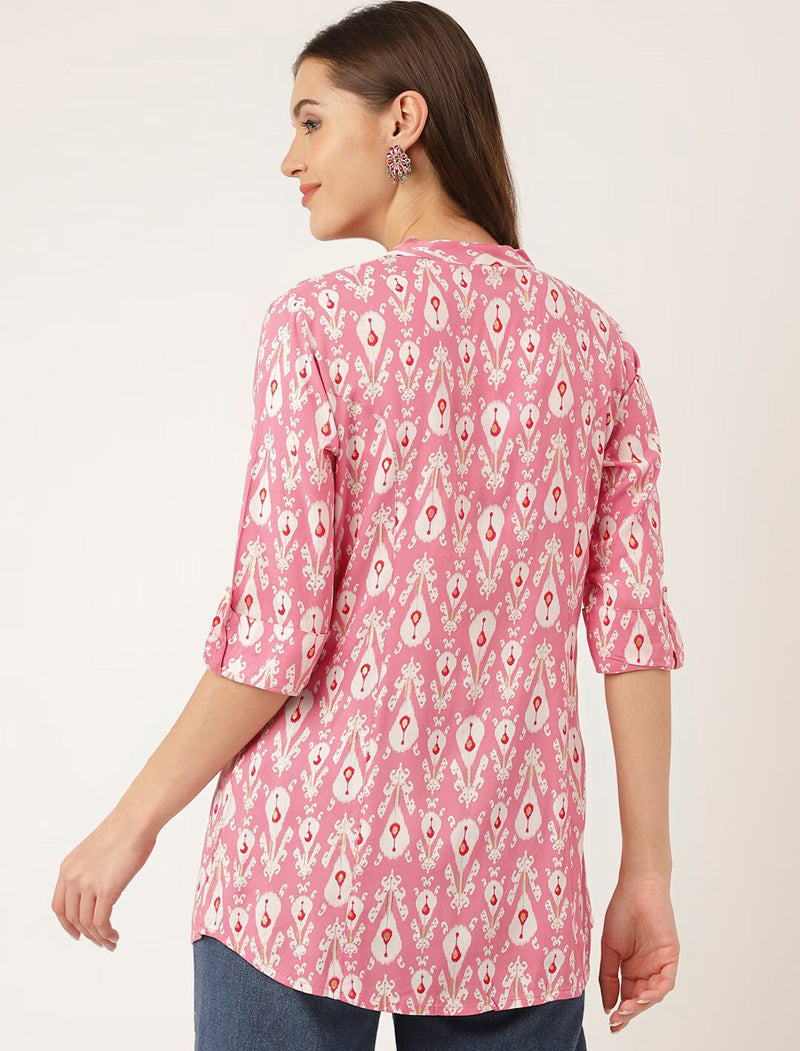 Pink Women Ethnic Motifs Printed Mandarin Collar Roll-Up Sleeves Shirt Style Longline Top