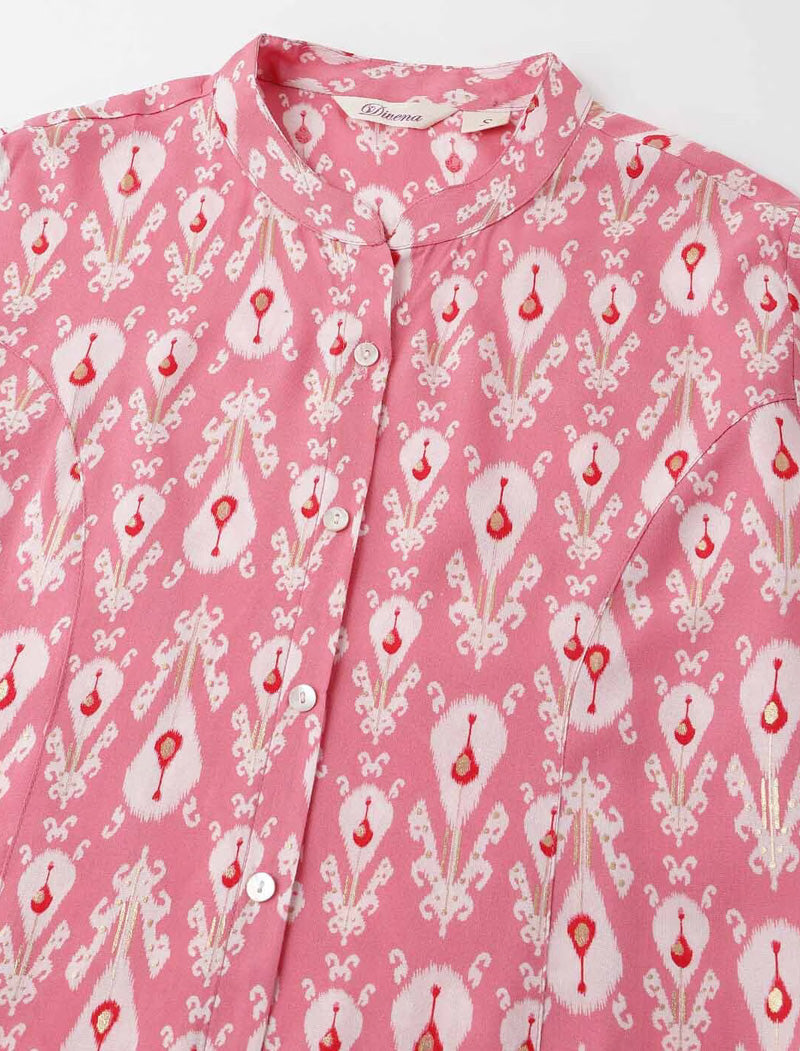 Pink Women Ethnic Motifs Printed Mandarin Collar Roll-Up Sleeves Shirt Style Longline Top