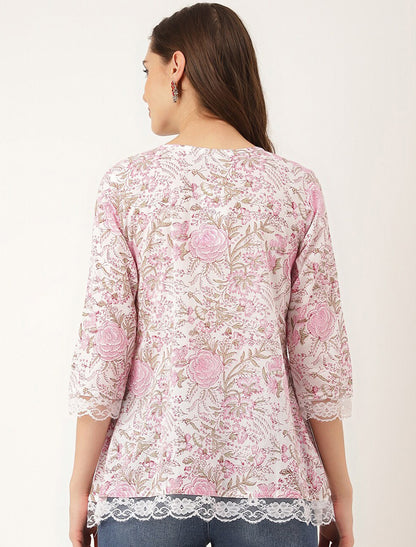 Pink Women Floral Printed Round Neck Cotton Regular Top
