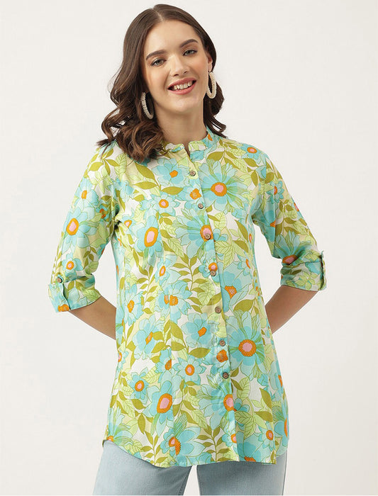 Green Women Floral Printed Mandarin Collar Roll-Up Sleeves Shirt Style Top