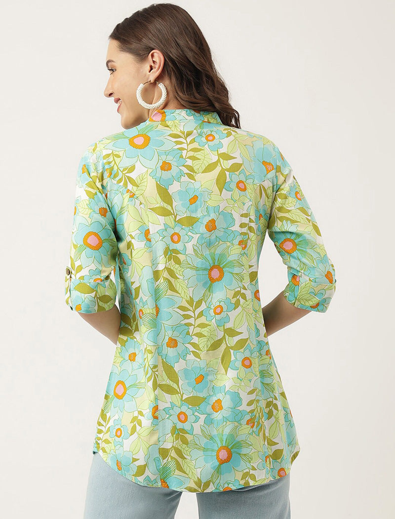 Green Women Floral Printed Mandarin Collar Roll-Up Sleeves Shirt Style Top