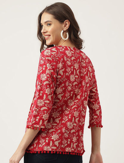 Maroon Women Floral Printed A-Line Knitted Cotton Regular Sleeves Top