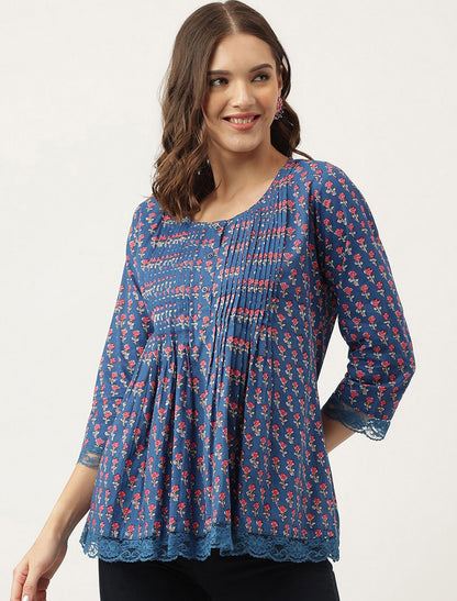 Blue Women Ethnic Motifs Printed A-Line Knitted Cotton Regular Sleeves Top