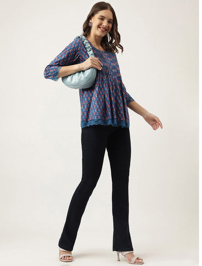 Blue Women Ethnic Motifs Printed A-Line Knitted Cotton Regular Sleeves Top