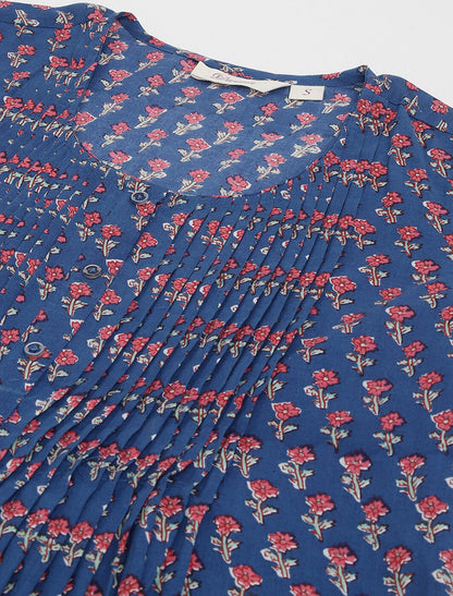 Blue Women Ethnic Motifs Printed A-Line Knitted Cotton Regular Sleeves Top
