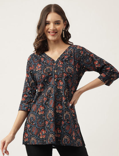 Navy Blue Women Floral Printed V-Neck Knitted cotton Top
