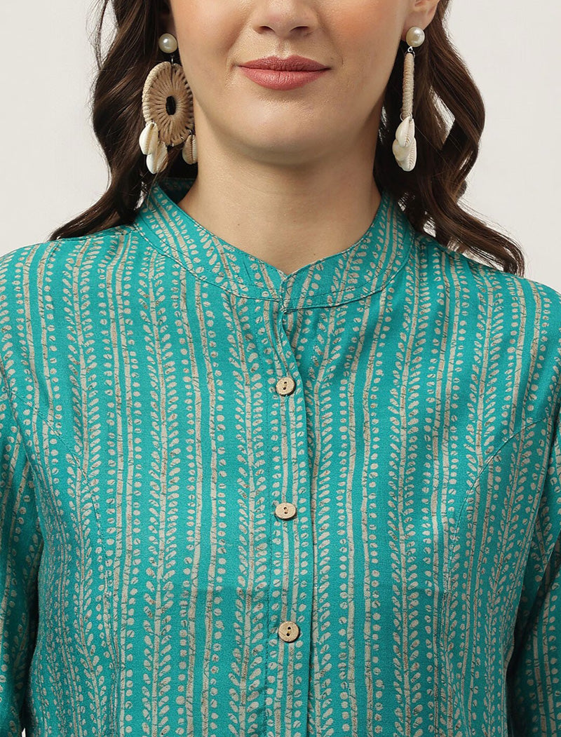 Teal Green Women Vertical Striped Mandarin Collar Roll-Up Sleeves Shirt Style Top