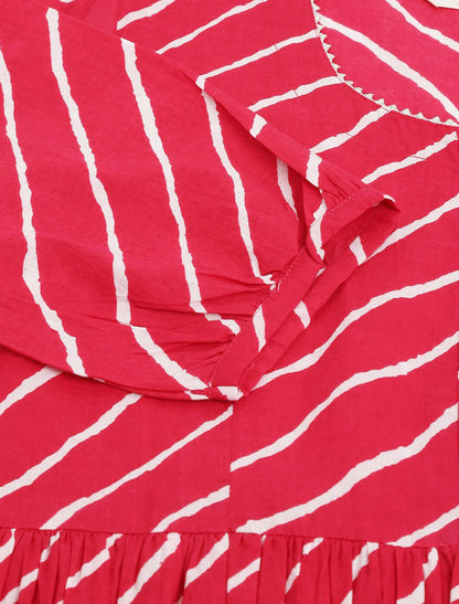 Pink Women Horizontal Striped Gathered Peplum Viscose Rayon Top