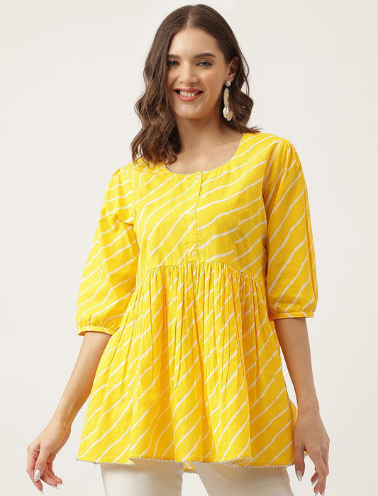Mustard Yellow Women Striped Puff Sleeves Empire Viscose Rayon Top