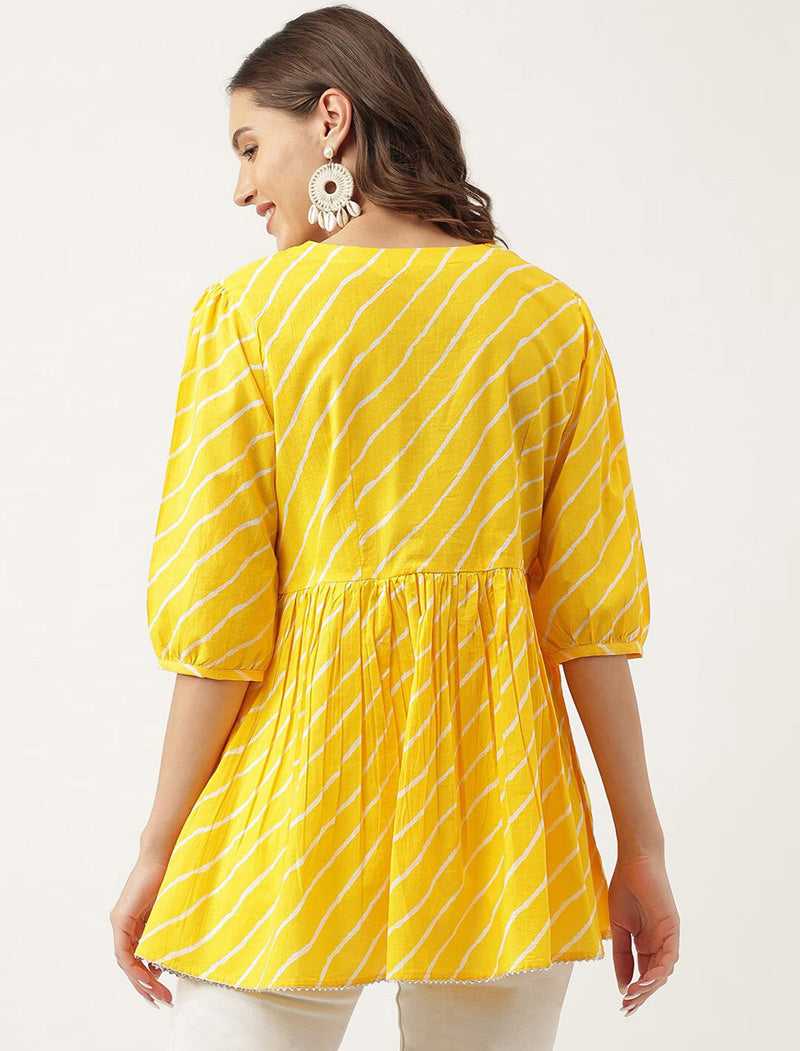 Mustard Yellow Women Striped Puff Sleeves Empire Viscose Rayon Top