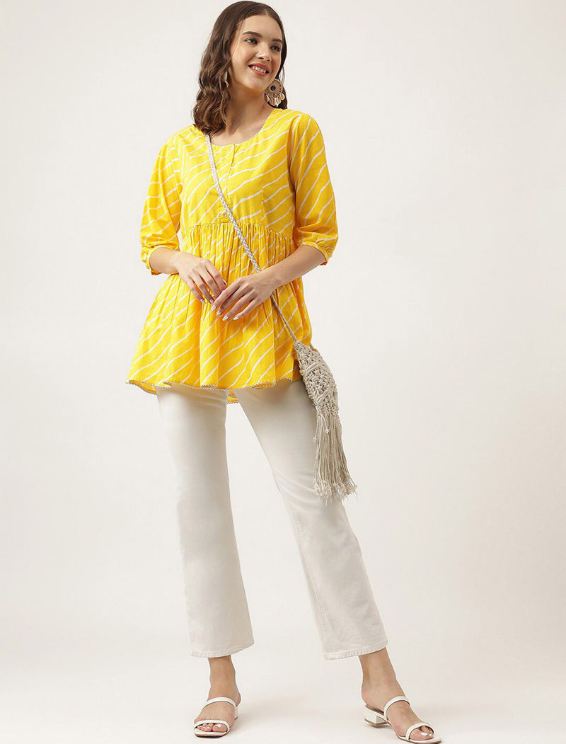 Mustard Yellow Women Striped Puff Sleeves Empire Viscose Rayon Top