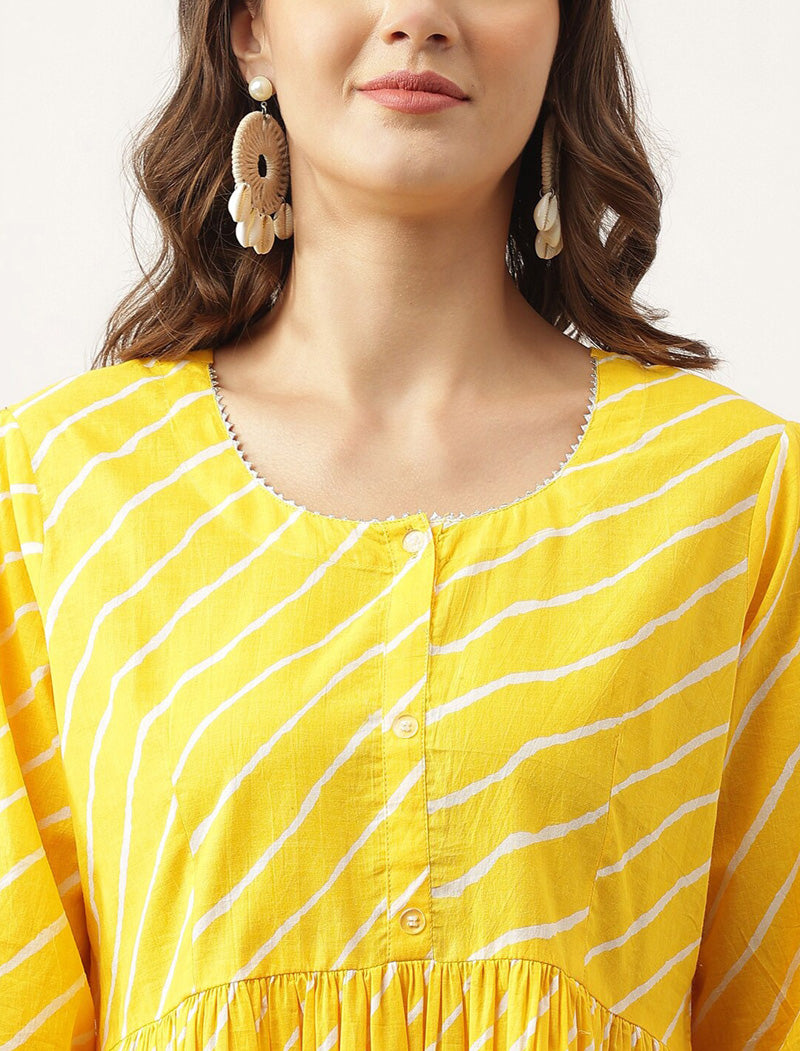 Mustard Yellow Women Striped Puff Sleeves Empire Viscose Rayon Top