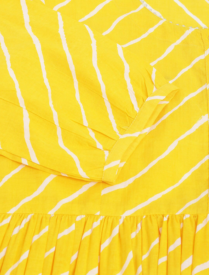 Mustard Yellow Women Striped Puff Sleeves Empire Viscose Rayon Top