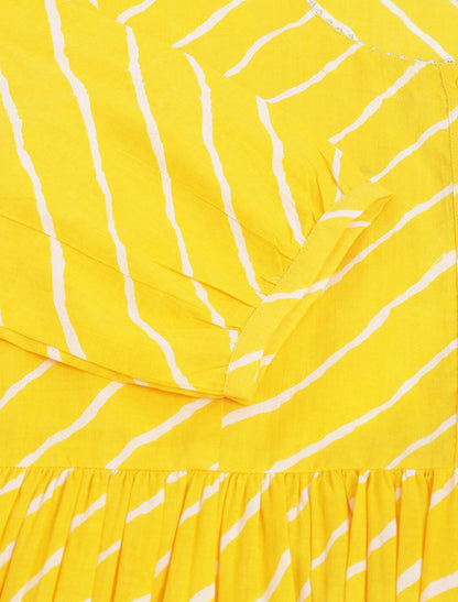 Mustard Yellow Women Striped Puff Sleeves Empire Viscose Rayon Top