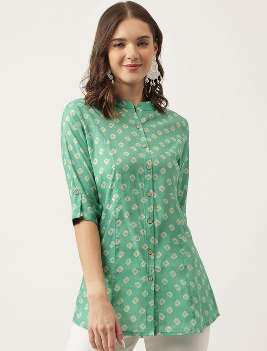 Green & Beige Ethnic Motifs Printed Mandarin Collar Roll-Up Sleeves Shirt Style Top