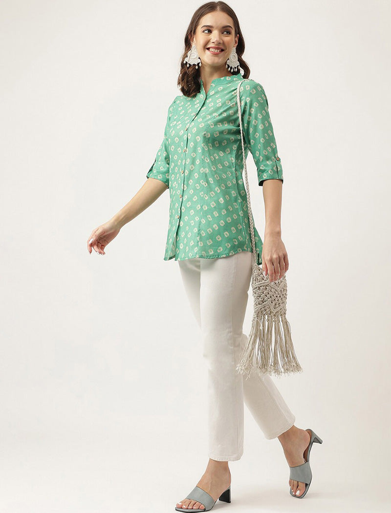 Green & Beige Ethnic Motifs Printed Mandarin Collar Roll-Up Sleeves Shirt Style Top