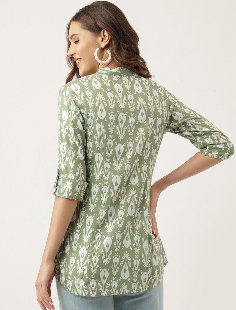 Green Women Ethnic Motifs Printed Mandarin Collar Roll-Up Sleeves Shirt Style Top