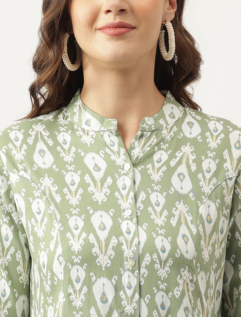 Green Women Ethnic Motifs Printed Mandarin Collar Roll-Up Sleeves Shirt Style Top