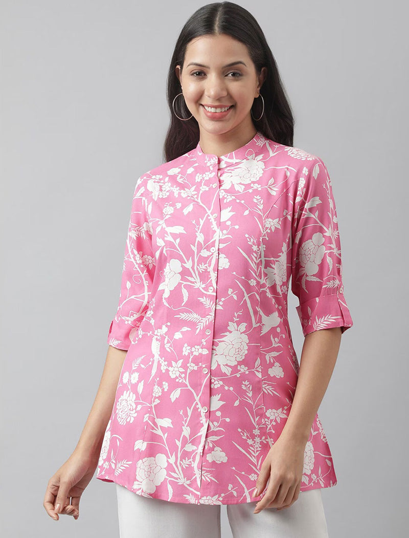 Pink Women Floral Print Mandarin Collar Roll-Up Sleeves A-line Shirt Style Top