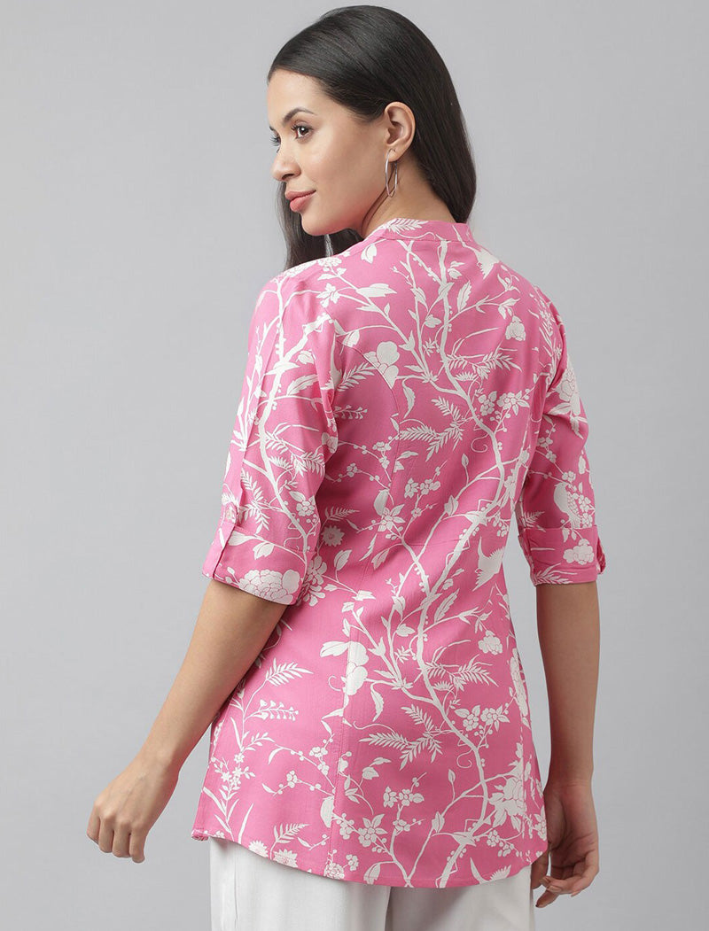 Pink Women Floral Print Mandarin Collar Roll-Up Sleeves A-line Shirt Style Top