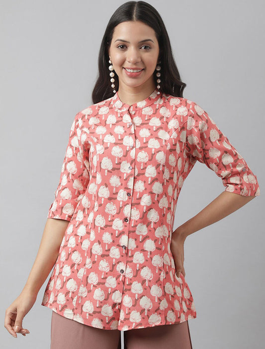 Peach Women Conversational Print Mandarin Collar Roll-Up Sleeves A-line Shirt Style Top