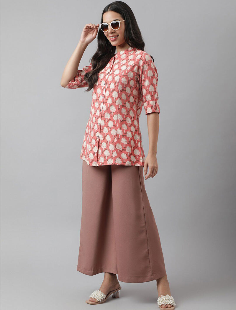 Peach Women Conversational Print Mandarin Collar Roll-Up Sleeves A-line Shirt Style Top