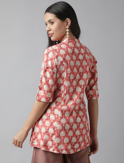 Peach Women Roll-Up Sleeves A-line Shirt Style Top