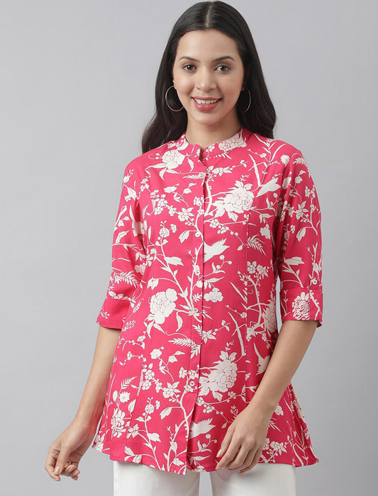 Pink Women Floral Print Mandarin Collar Roll-Up Sleeves A-line Shirt Style Top