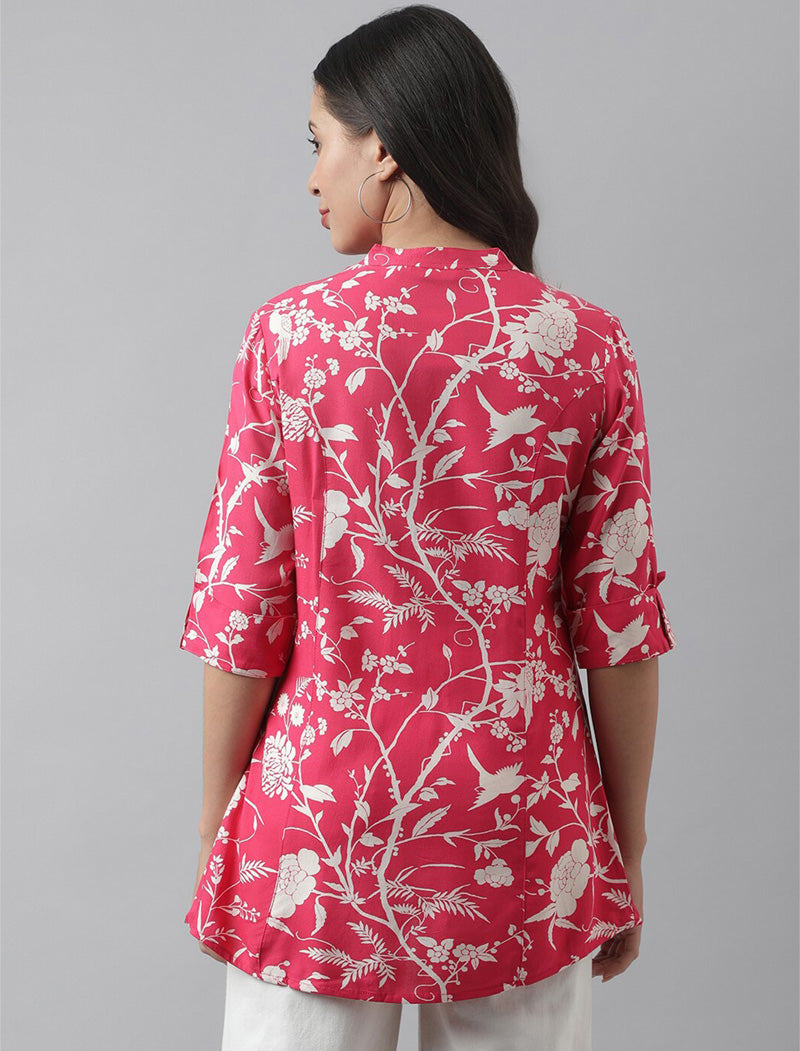 Pink Women Floral Print Mandarin Collar Roll-Up Sleeves A-line Shirt Style Top