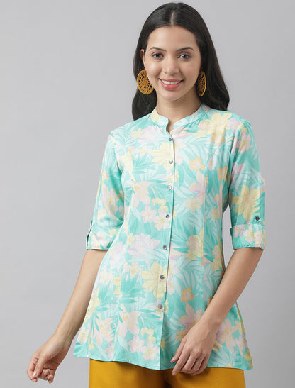 Sea Green Women Floral Print A-line Shirt Style Top