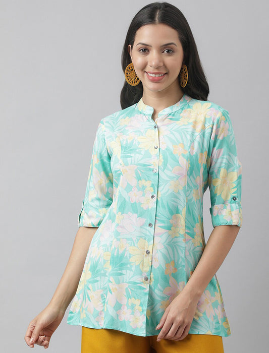 Sea Green Women Floral Print Mandarin Collar Roll-Up Sleeves A-line Shirt Style Top