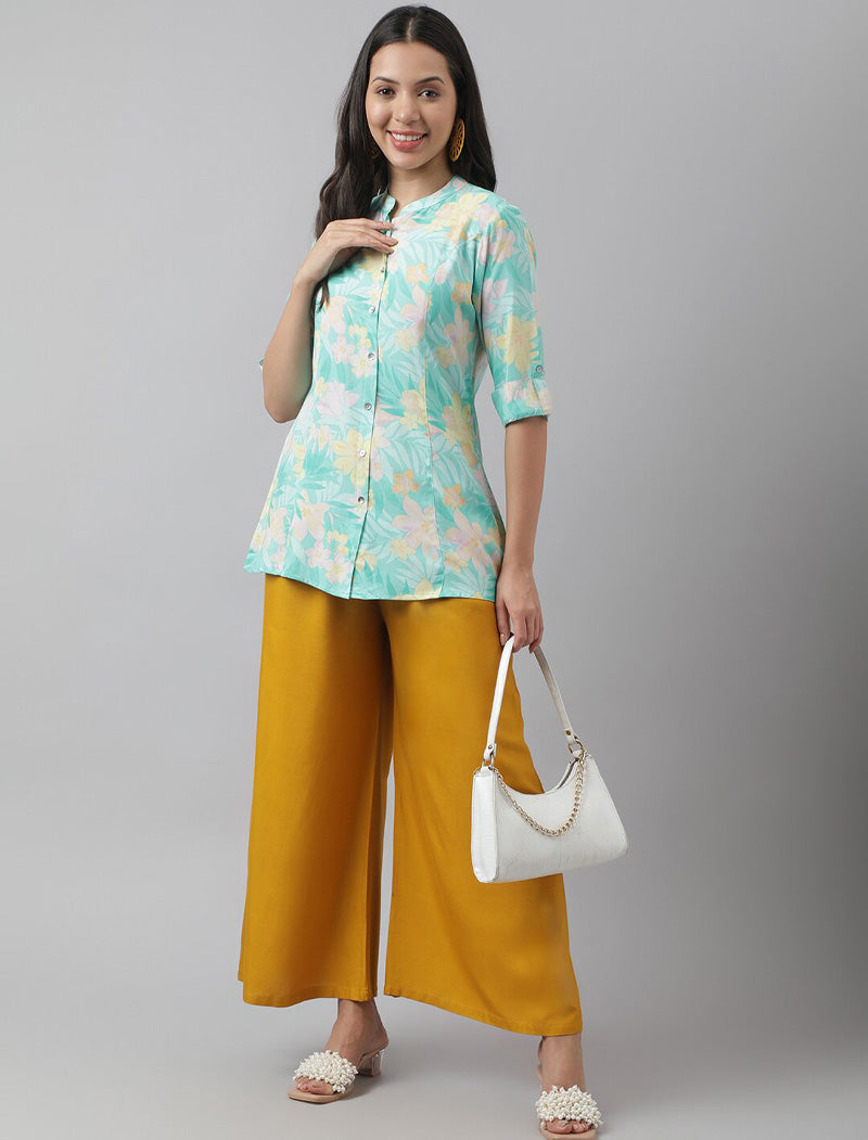 Sea Green Women Floral Print Mandarin Collar Roll-Up Sleeves A-line Shirt Style Top