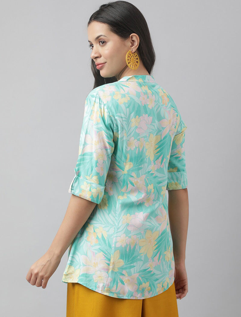 Sea Green Women Floral Print Mandarin Collar Roll-Up Sleeves A-line Shirt Style Top