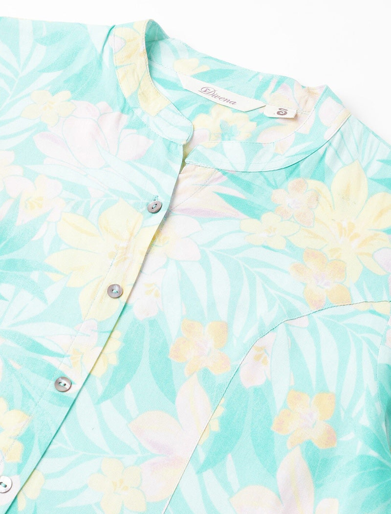 Sea Green Women Floral Print Mandarin Collar Roll-Up Sleeves A-line Shirt Style Top