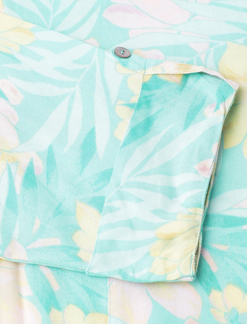 Sea Green Women Floral Print Mandarin Collar Roll-Up Sleeves A-line Shirt Style Top