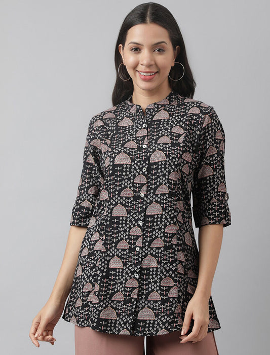 Black Women Floral Print Mandarin Collar Roll-Up Sleeves A-line Shirt Style Top