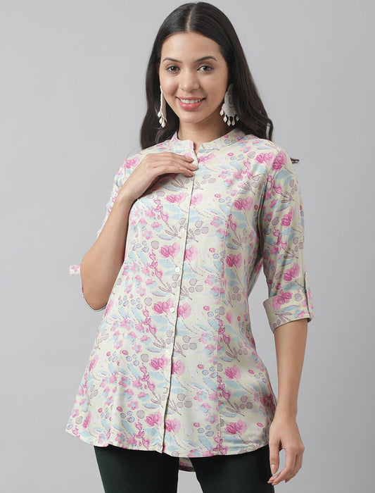 Cream Women Floral Print Mandarin Collar Roll-Up Sleeves A-line Shirt Style Top