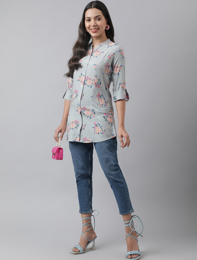 Grey Women Floral Print Mandarin Collar Roll-Up Sleeves A-line Shirt Style Top