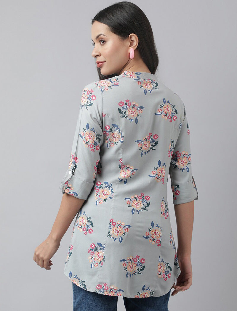 Grey Women Floral Print Mandarin Collar Roll-Up Sleeves A-line Shirt Style Top