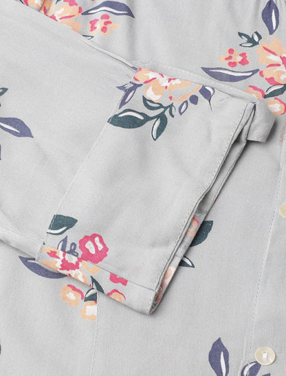 Grey Women Floral Print Mandarin Collar Roll-Up Sleeves A-line Shirt Style Top