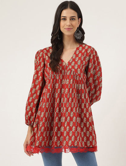 Red Women Floral Ethnic Puff Sleeves Gathered Peplum Top