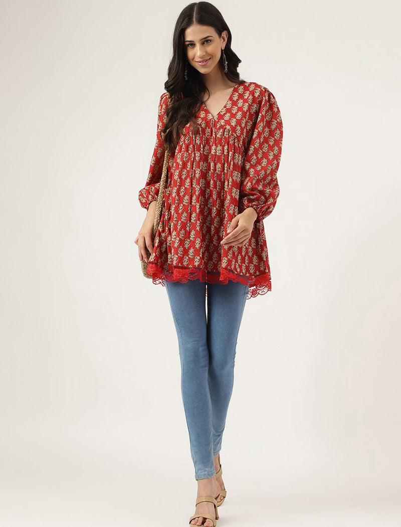 Red Women Floral Printed Puff Sleeves Gathered or Pleated Cotton Longline Peplum Top