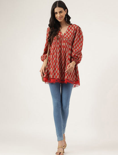 Red Women Floral Ethnic Puff Sleeves Gathered Peplum Top