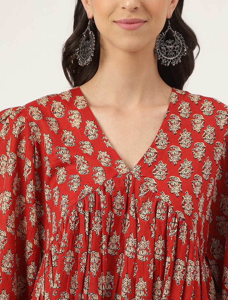 Red Women Floral Printed Puff Sleeves Gathered or Pleated Cotton Longline Peplum Top