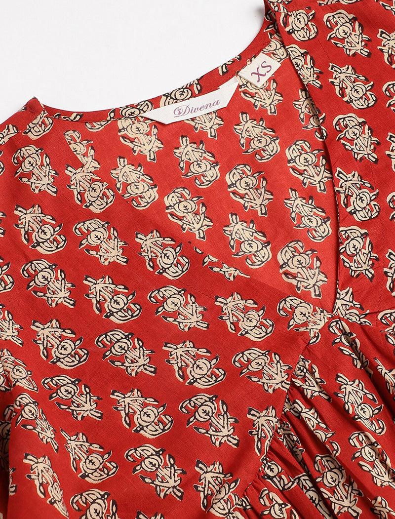 Red Women Floral Printed Puff Sleeves Gathered or Pleated Cotton Longline Peplum Top